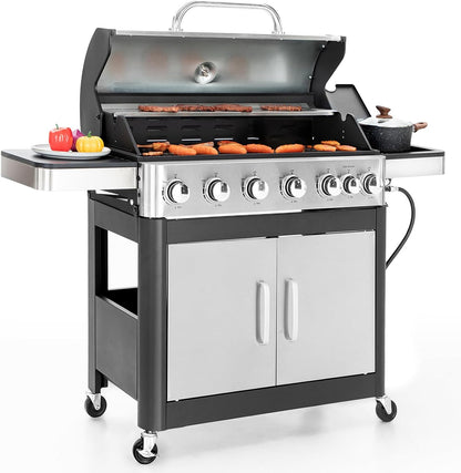 Burner Gas grill with side burner and enameled cast iron grille 42,000BTU outdoor cooking stainless steel propane grill Garden grill, silver