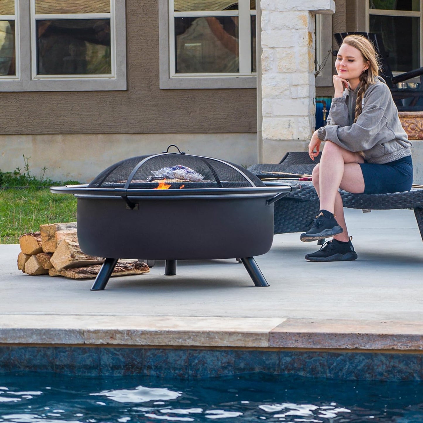 SUNCREAT 42” Patio Fire Pit Wood Burning with Mesh Spark Screen, Bonfire Outdoor firepit with Fireplace Poker, Black
