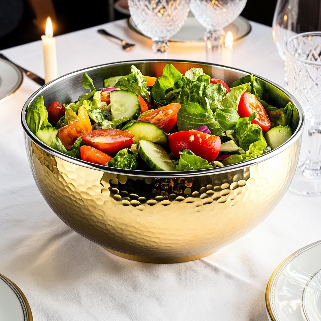 Iconw Hammered Gold Insulated Salad Bowl, Double Wall Stainless Steel Serving Bowl